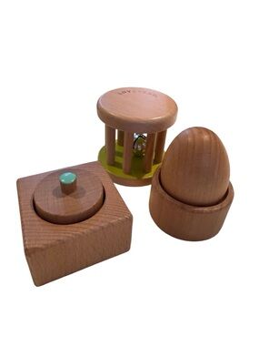 Lovevery set of 3 toys: Wooden Egg Cup, Pincer puzzle, wooden rolling bell